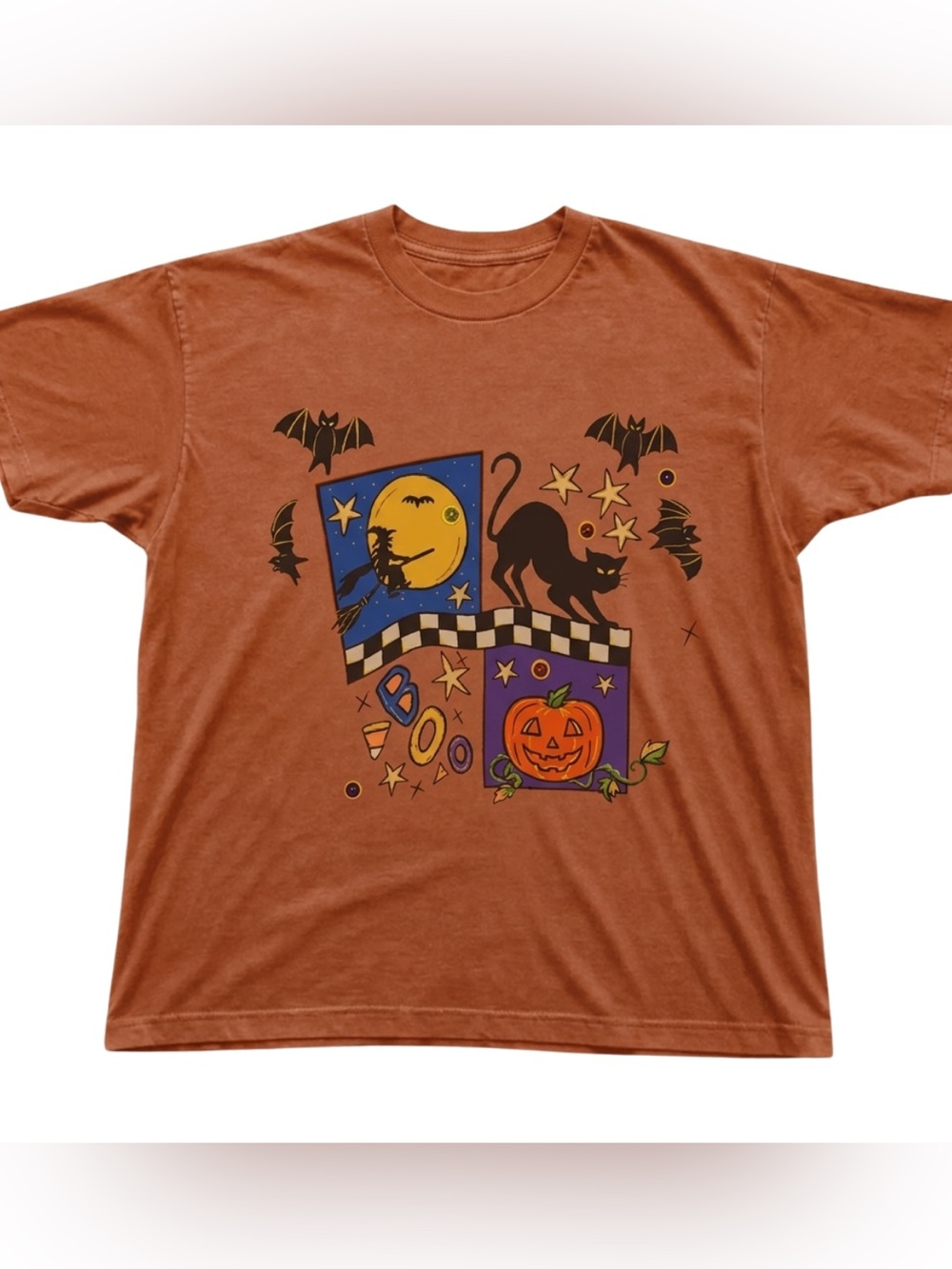 Halloween Orange Graphic Tee with Black Cat & Pumpkin Gift For Festival